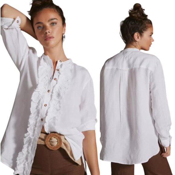 Pilcro Women's Ruffled Placket Button-Up Western Linen Blend Shirt Size S White - Picture 11 of 11